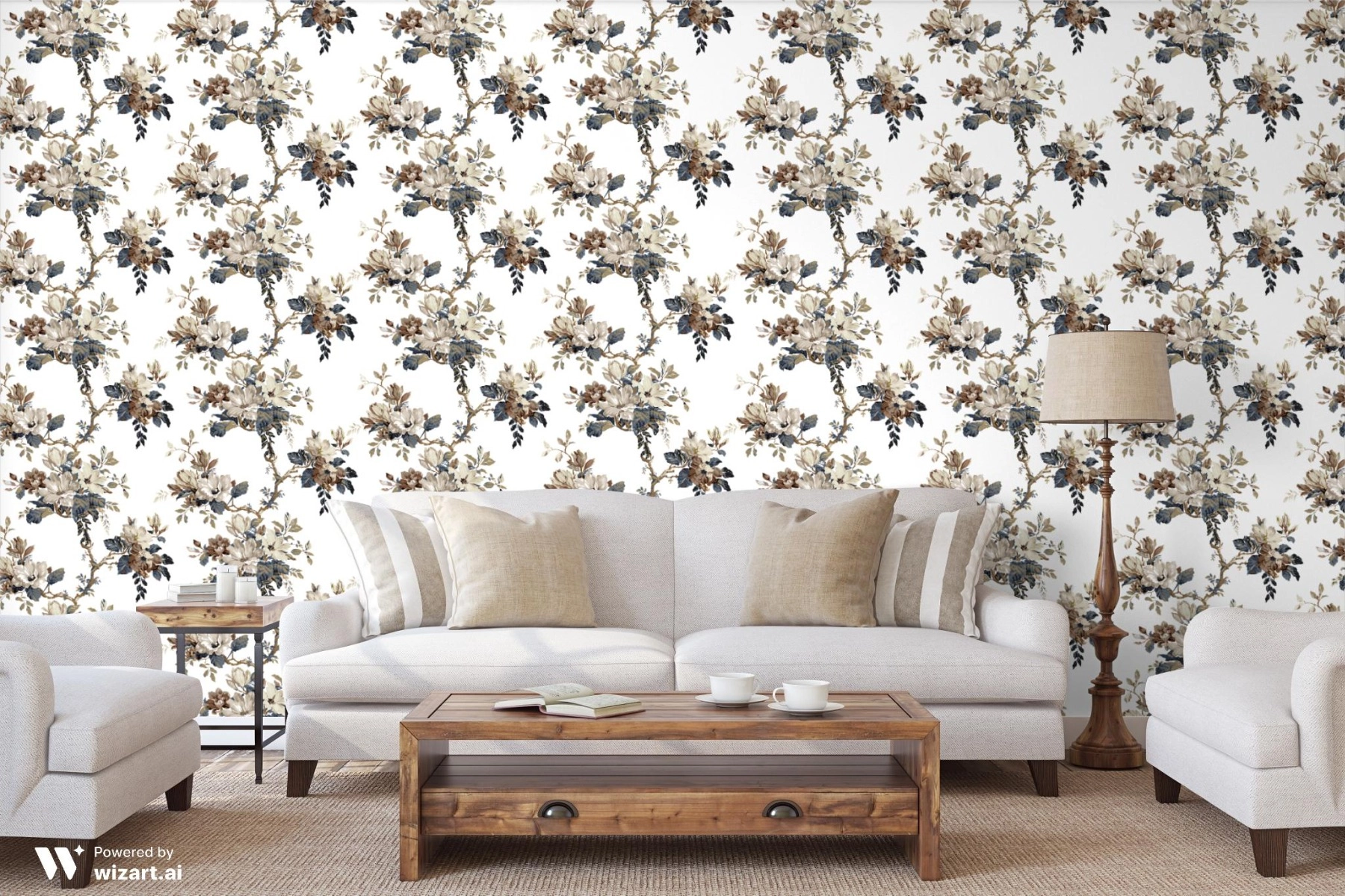 Tecido Flor Acácia Denim com Off White