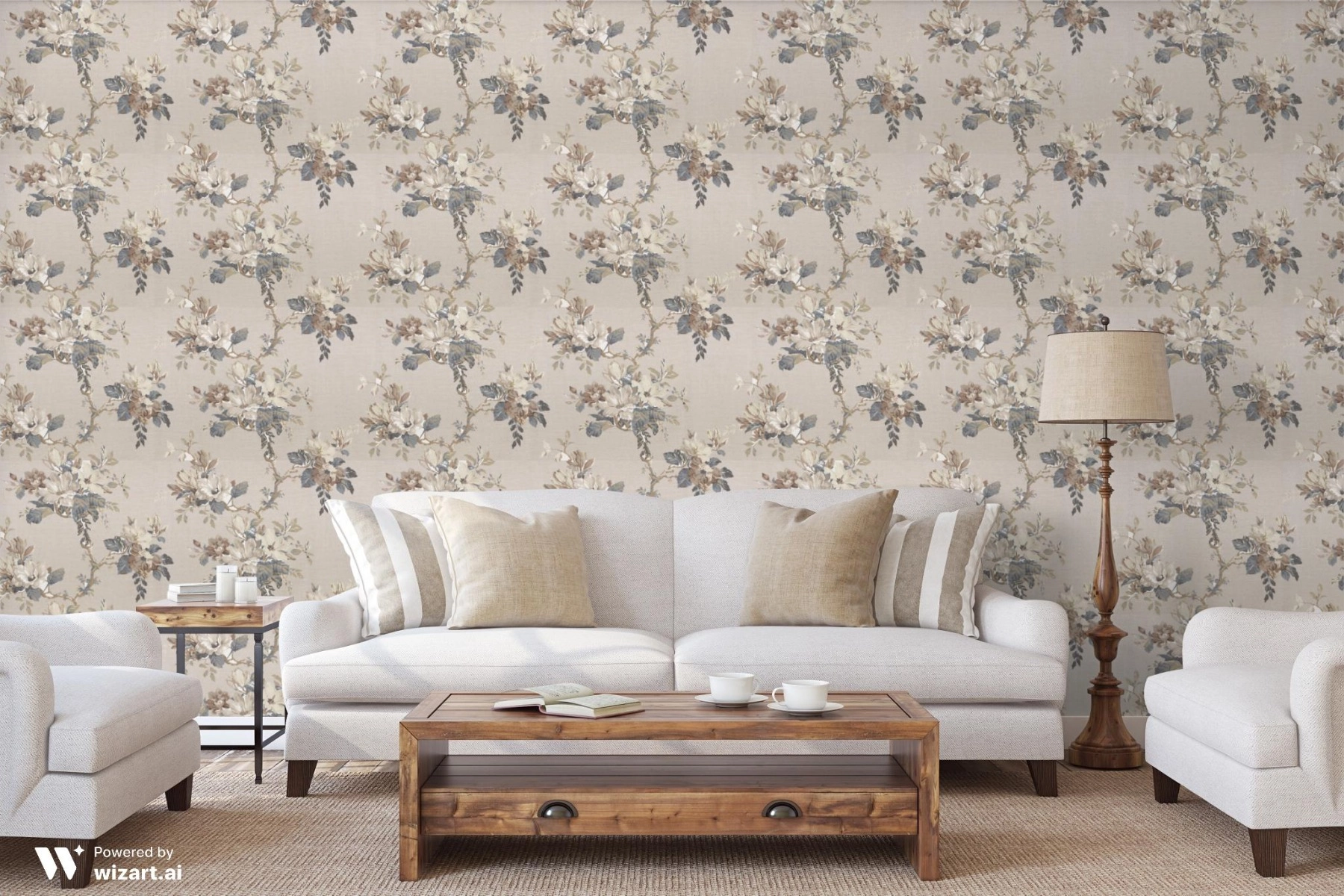 Tecido Flor Acácia Denim com Natural 