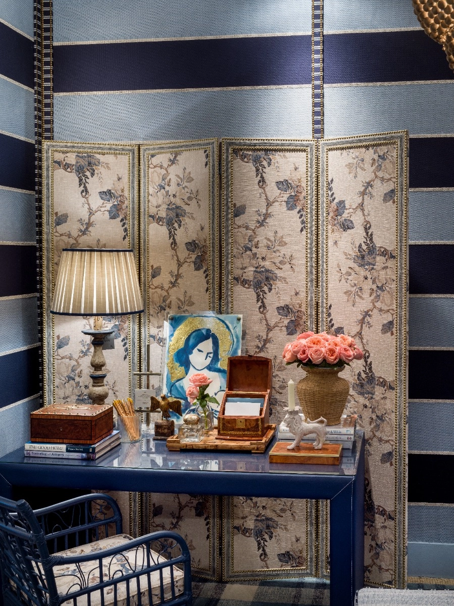 Tecido Flor Acácia Denim com Natural 