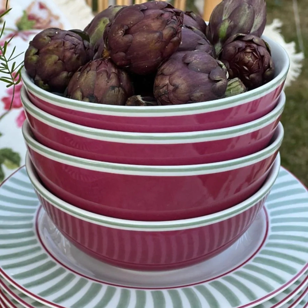 Conj. 6 peças | Bowls Rosa com Friso Verde Conj. 6 peças | Bowls Rosa com Friso Verde